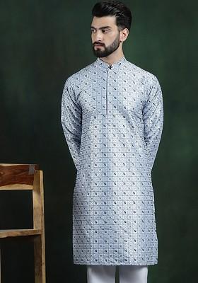 Blue Thread Work Cotton Kurta For Men