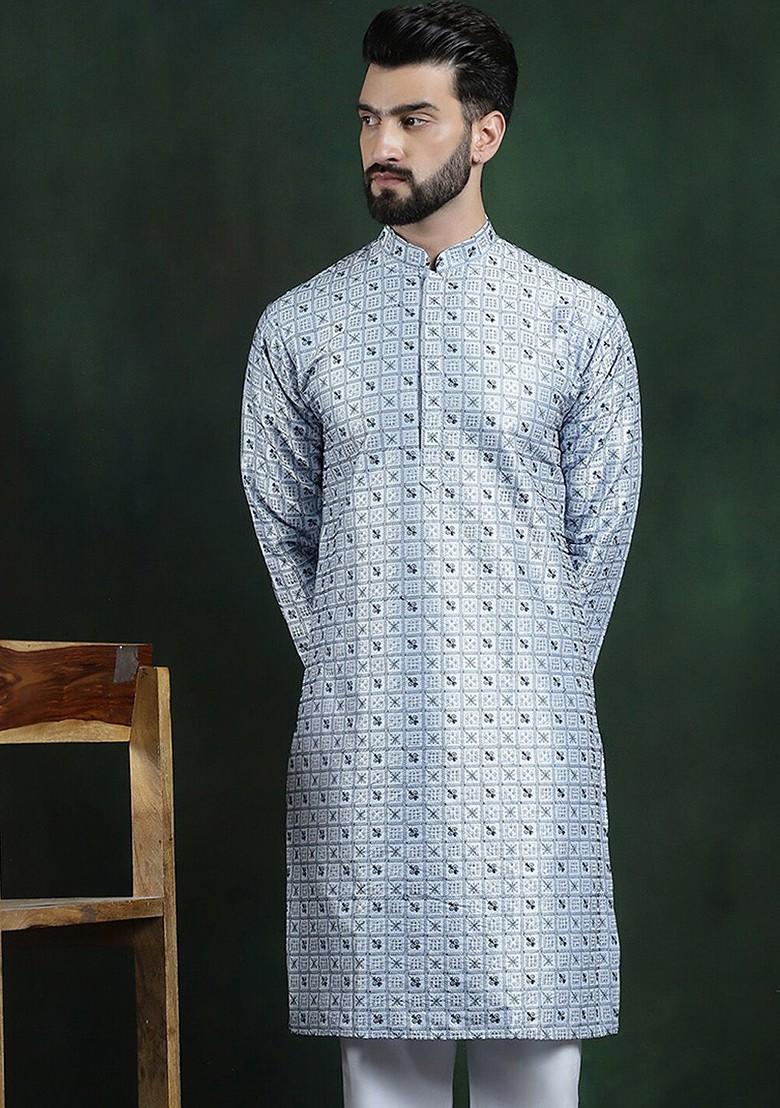 Blue Thread Work Cotton Kurta For Men