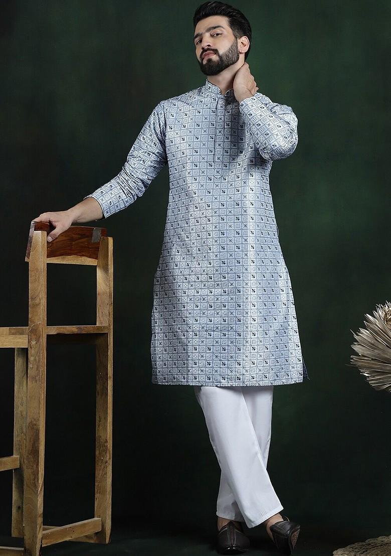 Blue Thread Work Cotton Kurta For Men