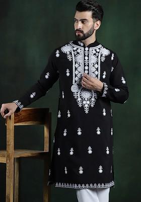 Black Thread Work Cotton Kurta For Men