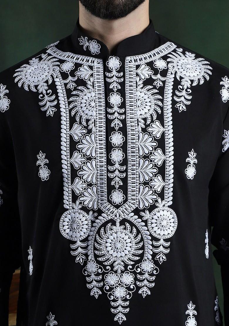 Black Thread Work Cotton Kurta For Men