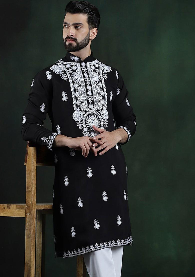 Black Thread Work Cotton Kurta For Men