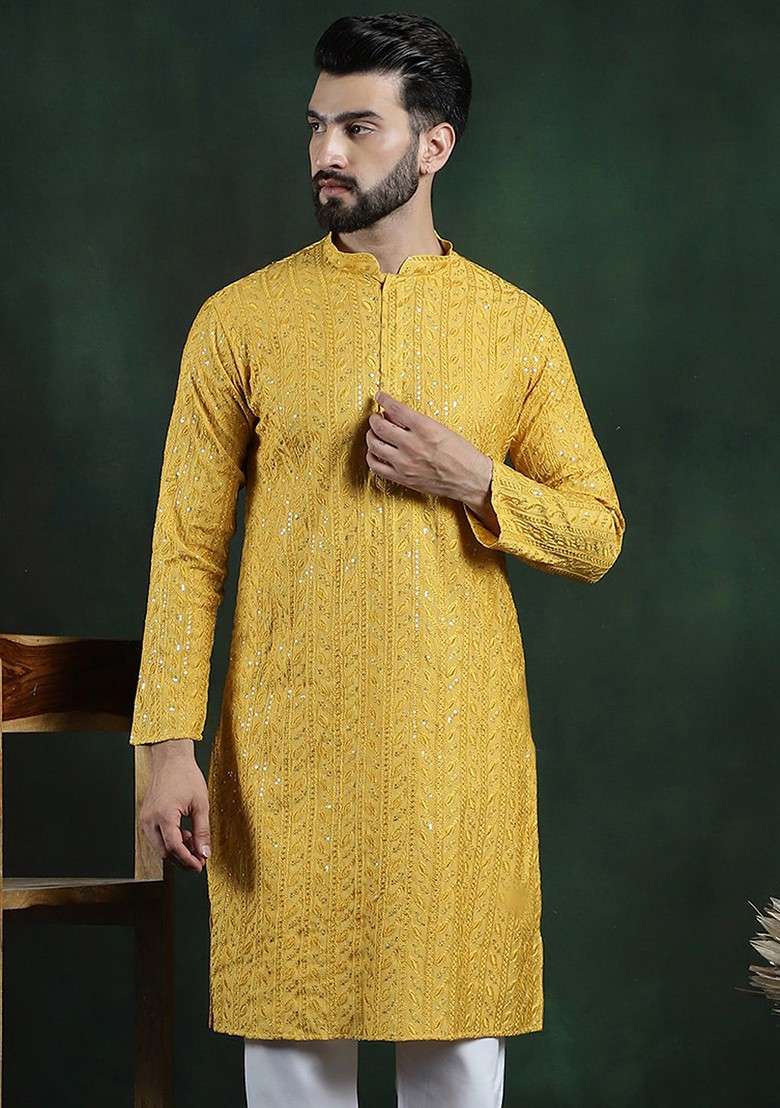 Mustard Embroidered Cotton Kurta For Men - Indya