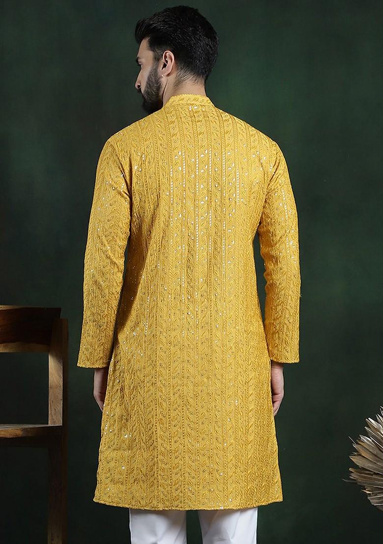 Mustard Embroidered Cotton Kurta For Men