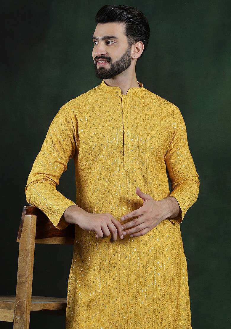 Mustard Embroidered Cotton Kurta For Men - Indya