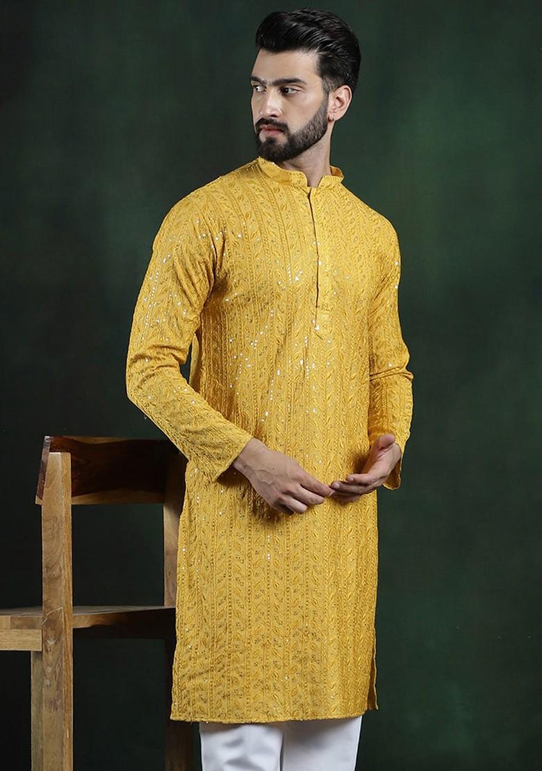 Mustard Embroidered Cotton Kurta For Men