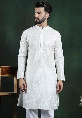 White Thread Work Cotton Kurta For Men