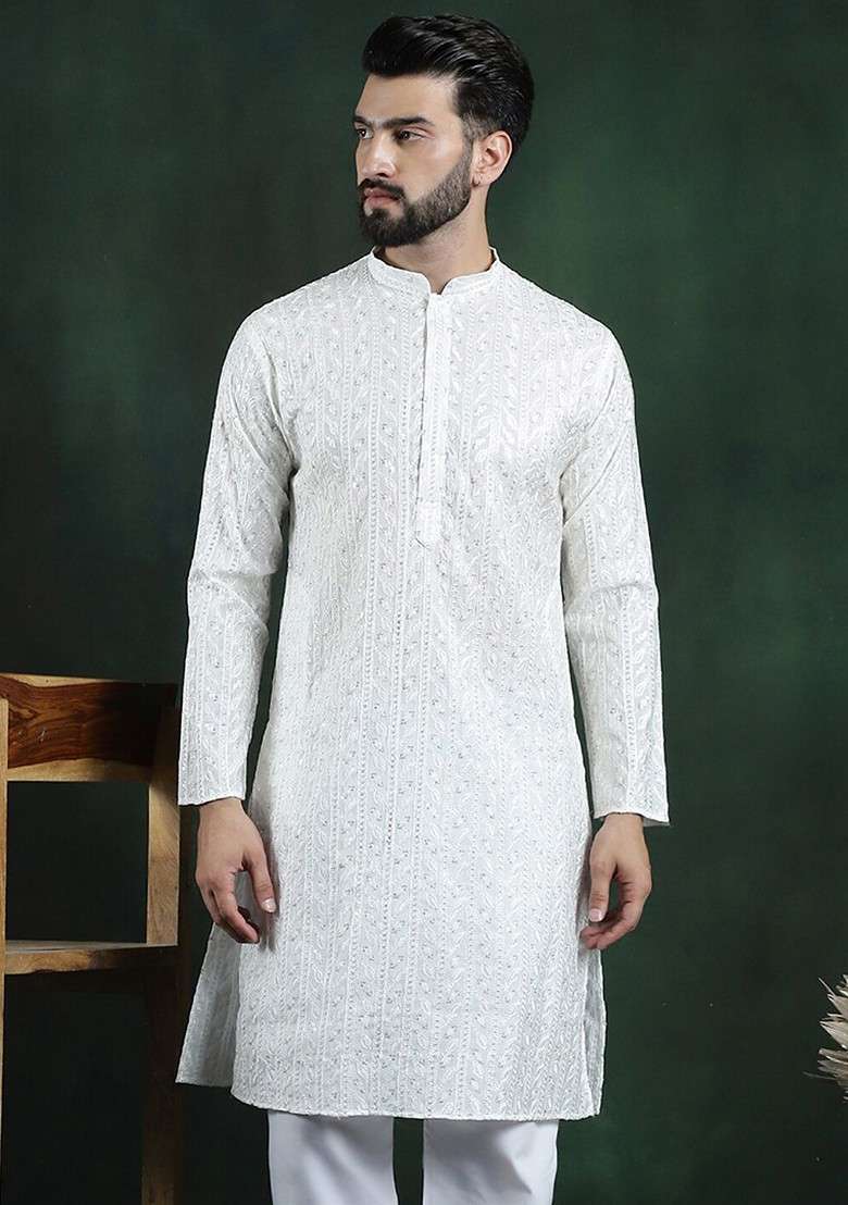 White Thread Work Cotton Kurta For Men - Indya