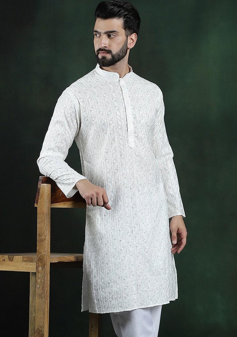 White Thread Work Cotton Kurta For Men