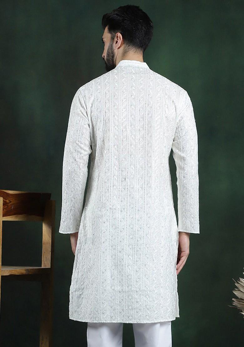 White Thread Work Cotton Kurta For Men