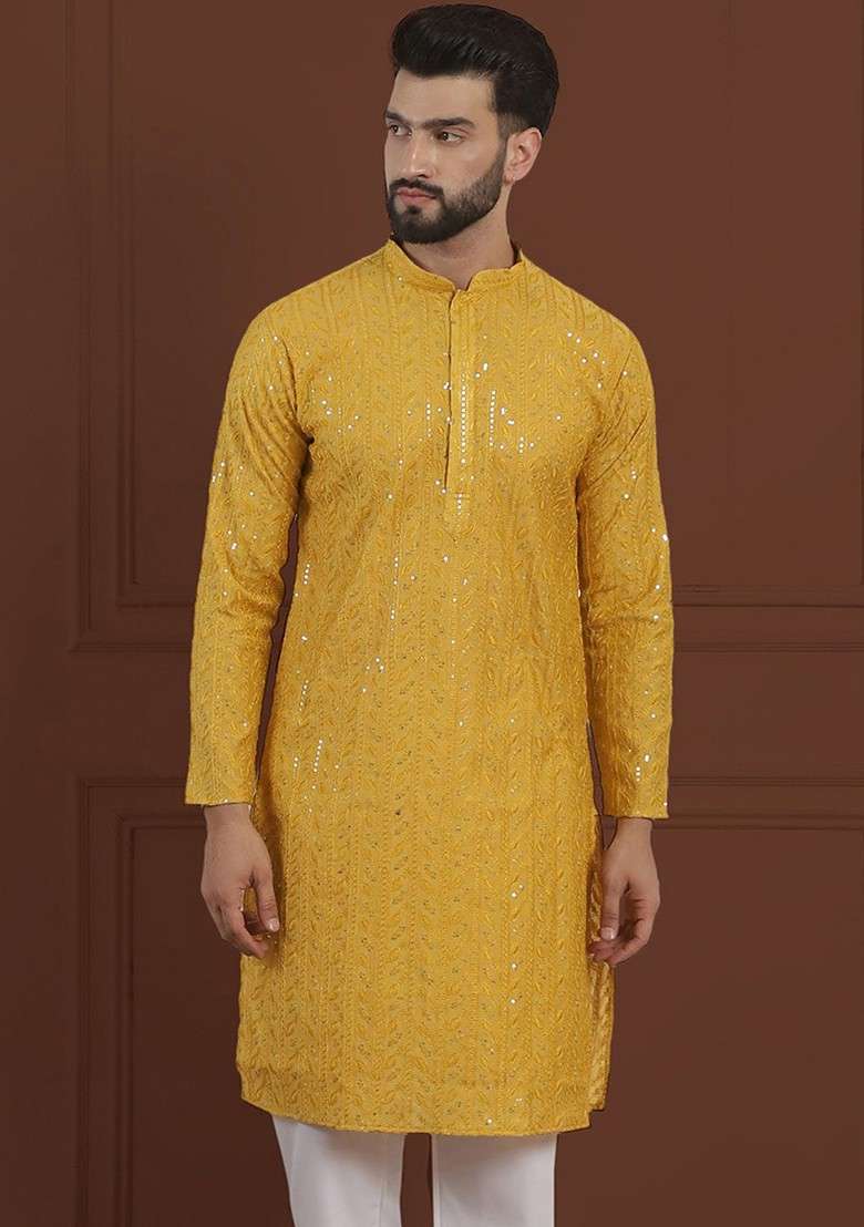 Yellow Embroidered Cotton Kurta For Men - Indya