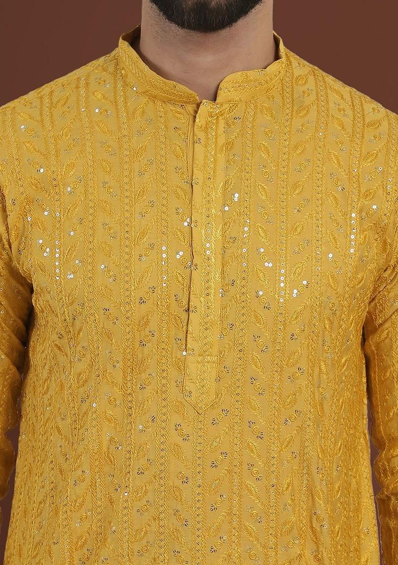 Yellow Embroidered Cotton Kurta For Men