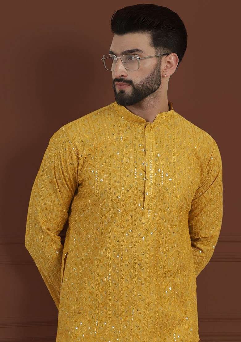 Yellow Embroidered Cotton Kurta For Men - Indya