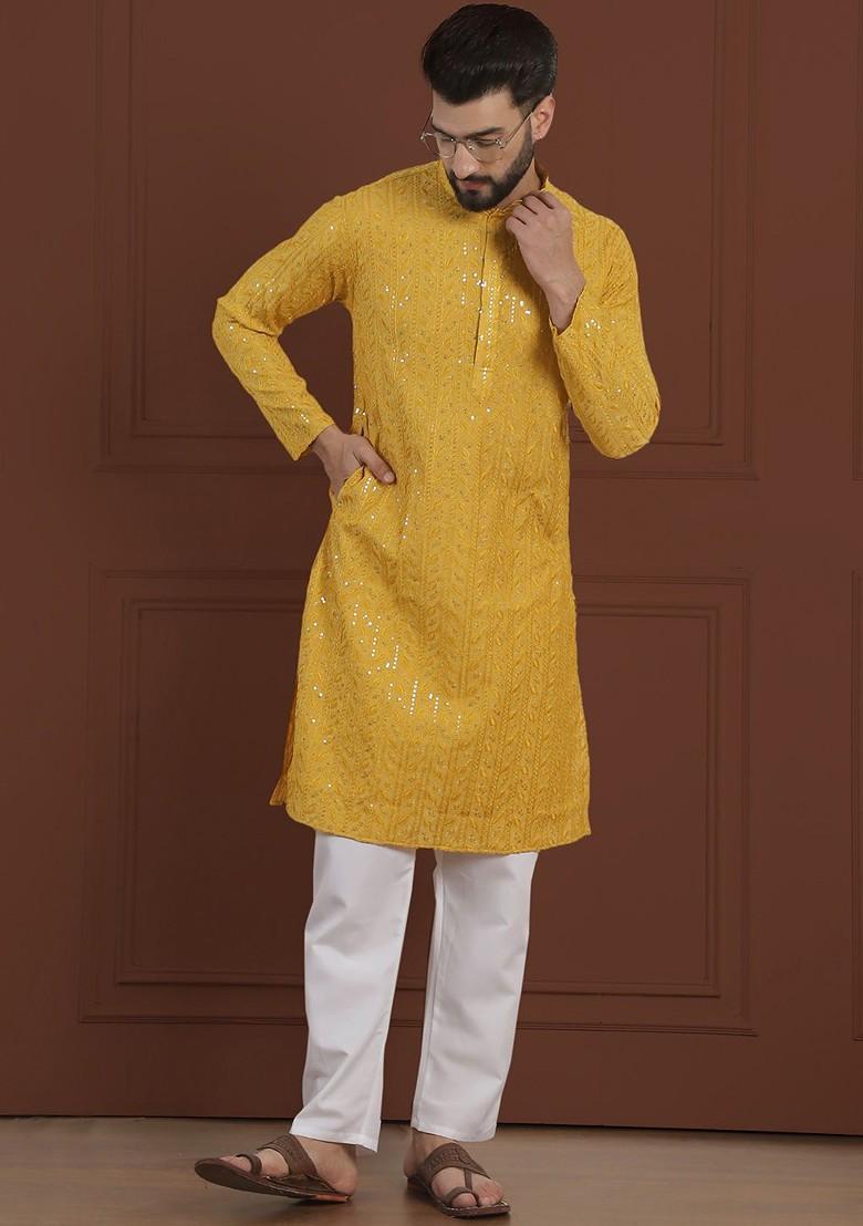 Yellow Embroidered Cotton Kurta For Men