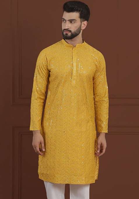 Yellow Embroidered Cotton Kurta For Men