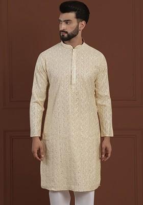 Beige Embroidered Cotton Kurta For Men