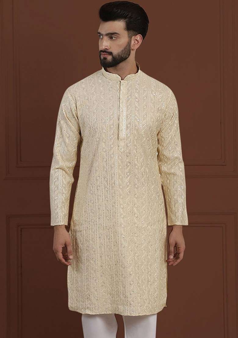 Beige Embroidered Cotton Kurta For Men - Indya