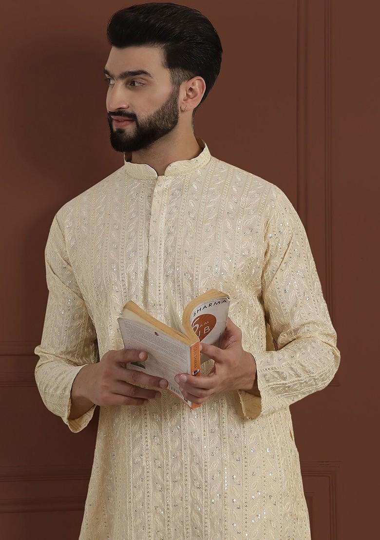 Beige Embroidered Cotton Kurta For Men