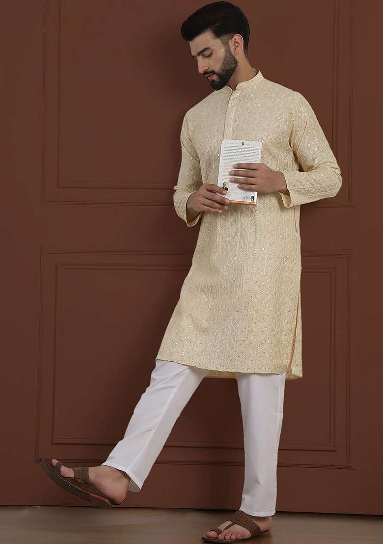 Beige Embroidered Cotton Kurta For Men - Indya