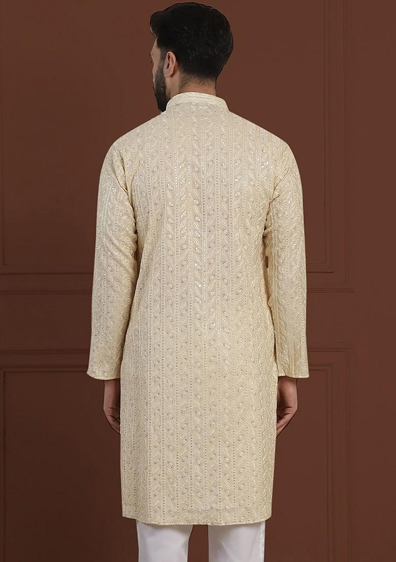 Beige Embroidered Cotton Kurta For Men
