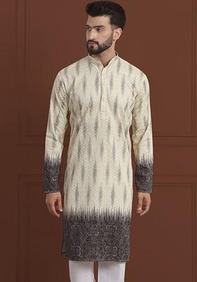 Beige Embroidered Cotton Kurta For Men