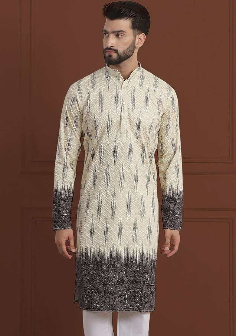 Beige Embroidered Cotton Kurta For Men - Indya