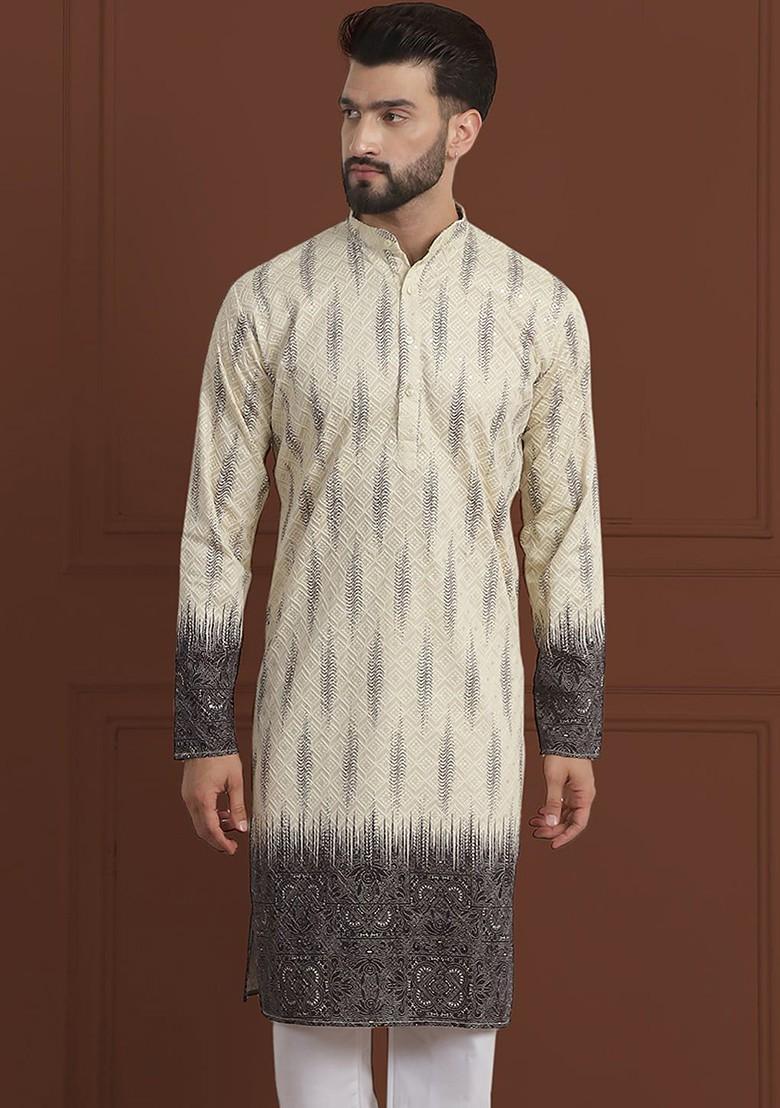 Beige Embroidered Cotton Kurta For Men
