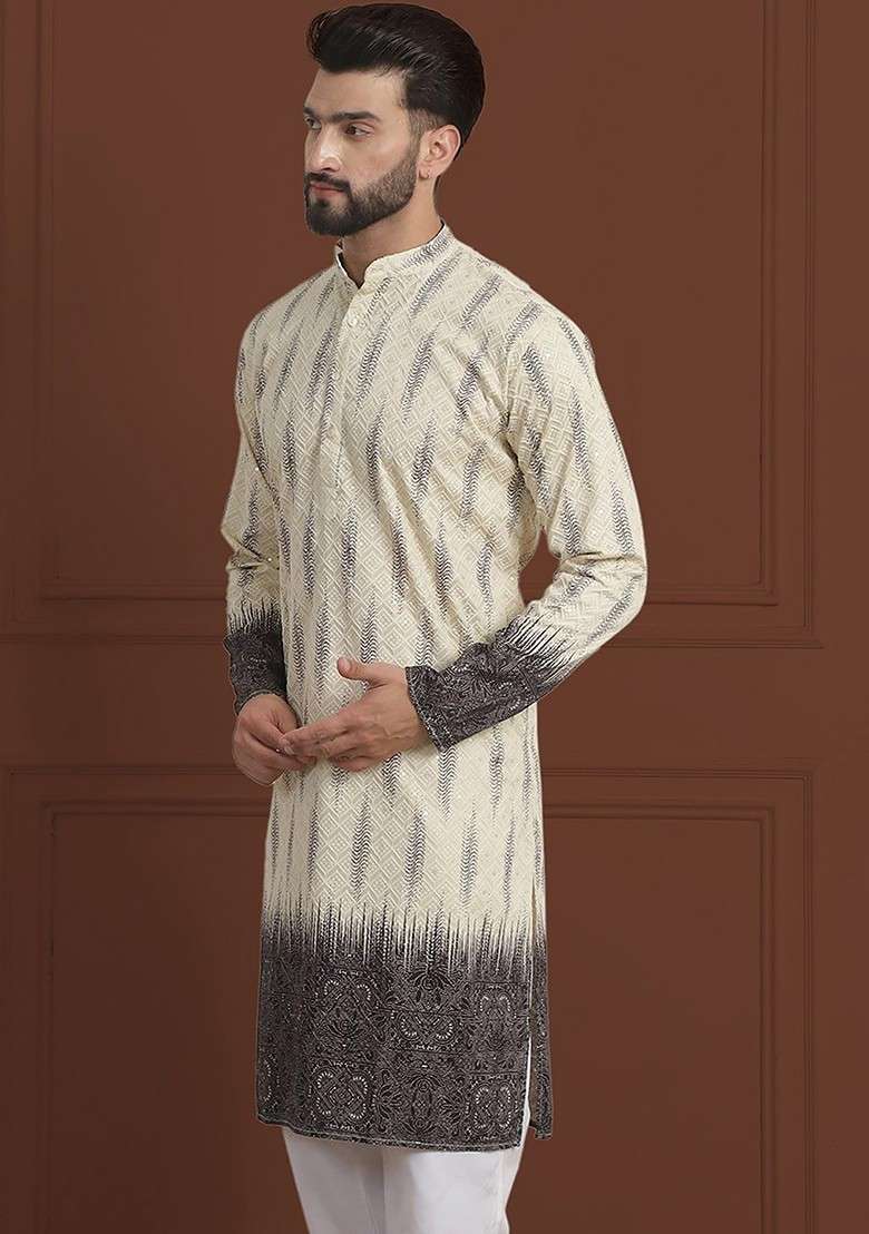 Beige Embroidered Cotton Kurta For Men - Indya