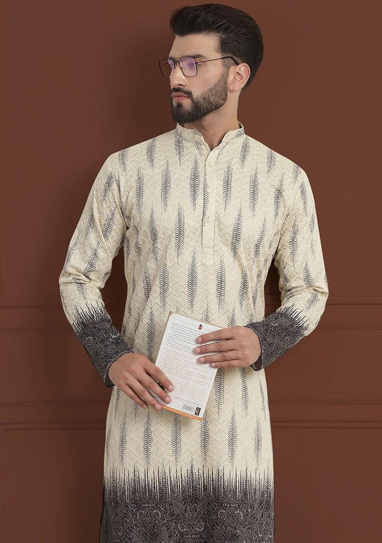 Beige Embroidered Cotton Kurta For Men