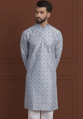 Blue Embroidered Cotton Kurta For Men