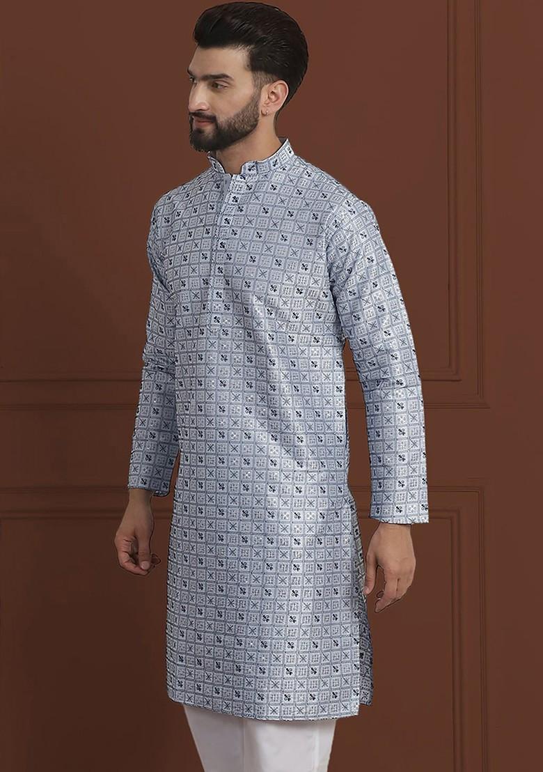 Blue Embroidered Cotton Kurta For Men