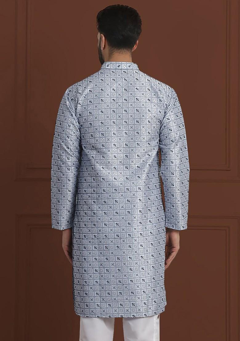 Blue Embroidered Cotton Kurta For Men