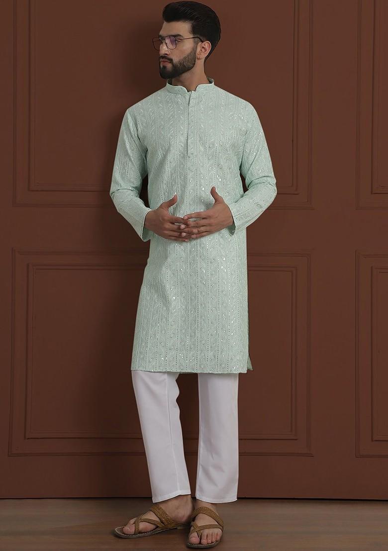 Sea Green Embroidered Cotton Kurta For Men