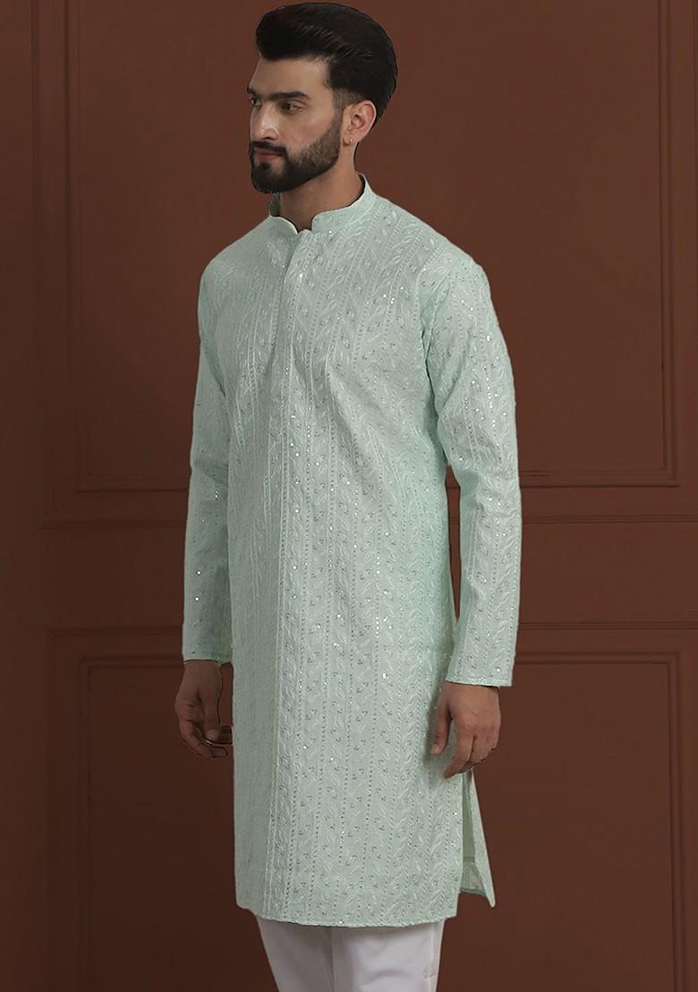 Sea Green Embroidered Cotton Kurta For Men