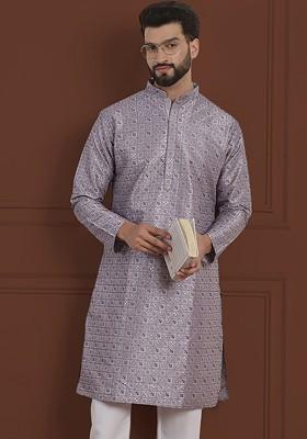 Purple Embroidered Cotton Kurta For Men