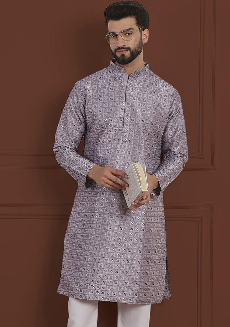 Purple Embroidered Cotton Kurta For Men