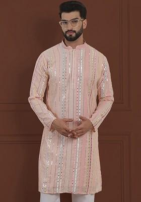 Pink Striped Poly Blend Kurta For Men