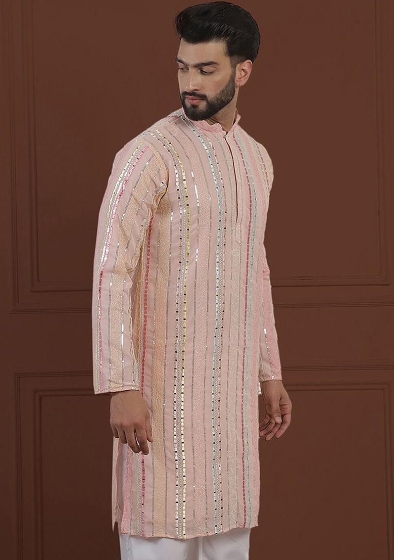 Pink Striped Poly Blend Kurta For Men
