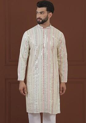 Off White Embroidered Poly Blend Kurta For Men