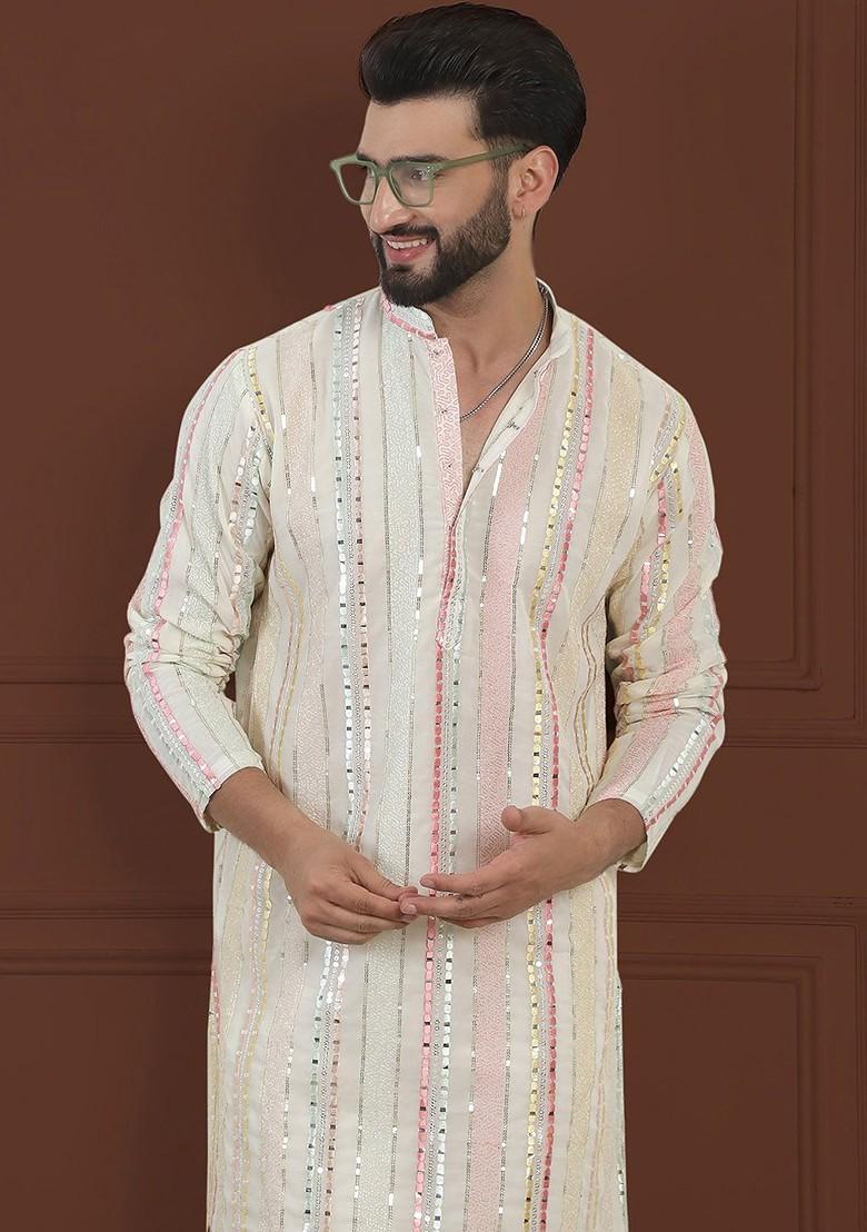 Off White Embroidered Poly Blend Kurta For Men