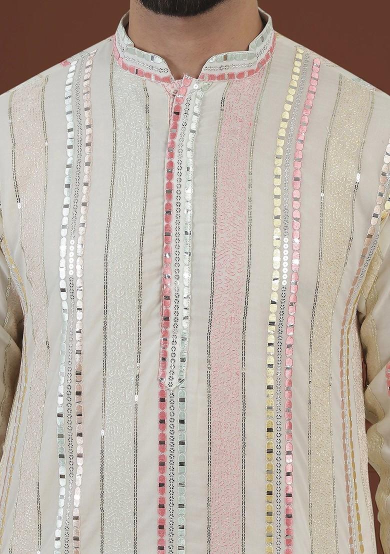 Off White Embroidered Poly Blend Kurta For Men