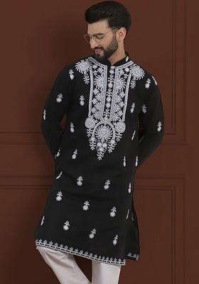 Black Thread Work Cotton Kurta For Men