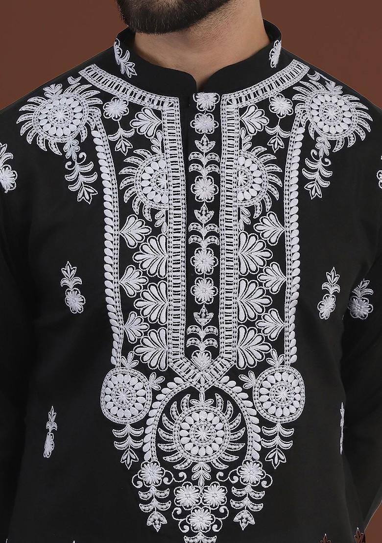 Black Thread Work Cotton Kurta For Men