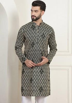 Green Embroidered Cotton Kurta For Men