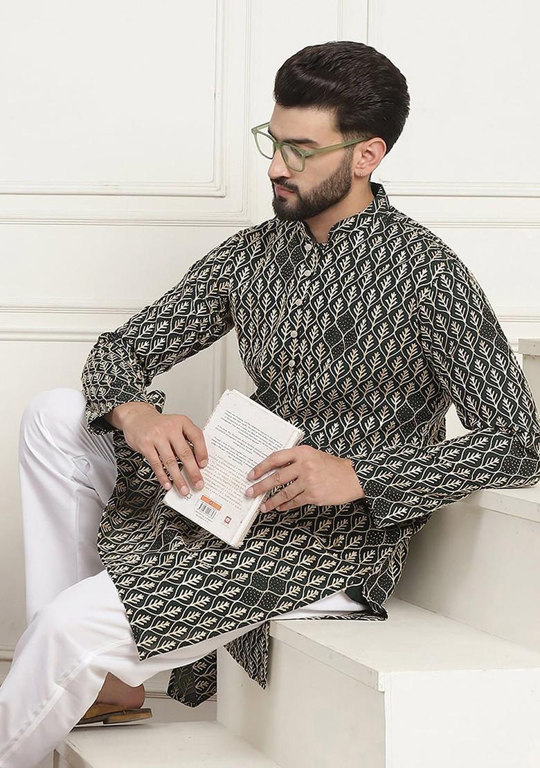 Green Embroidered Cotton Kurta For Men