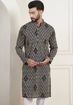 Black Thread Work Cotton Kurta For Men