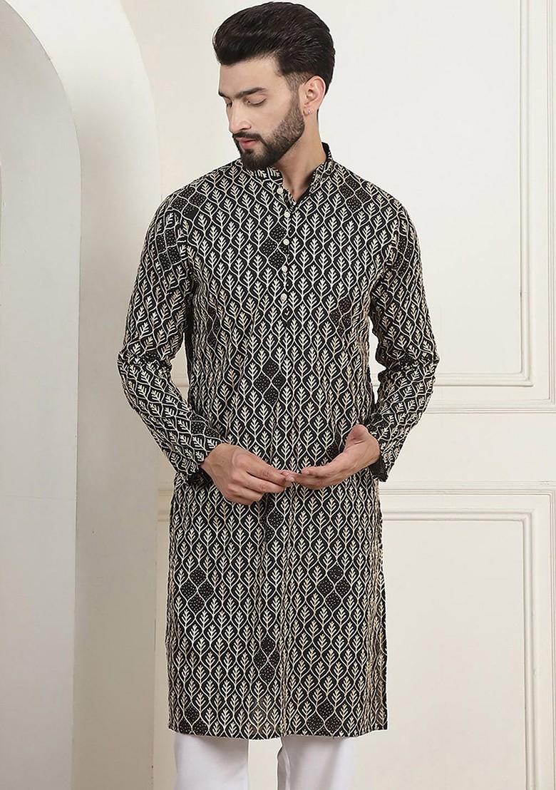 Black Thread Work Cotton Kurta For Men