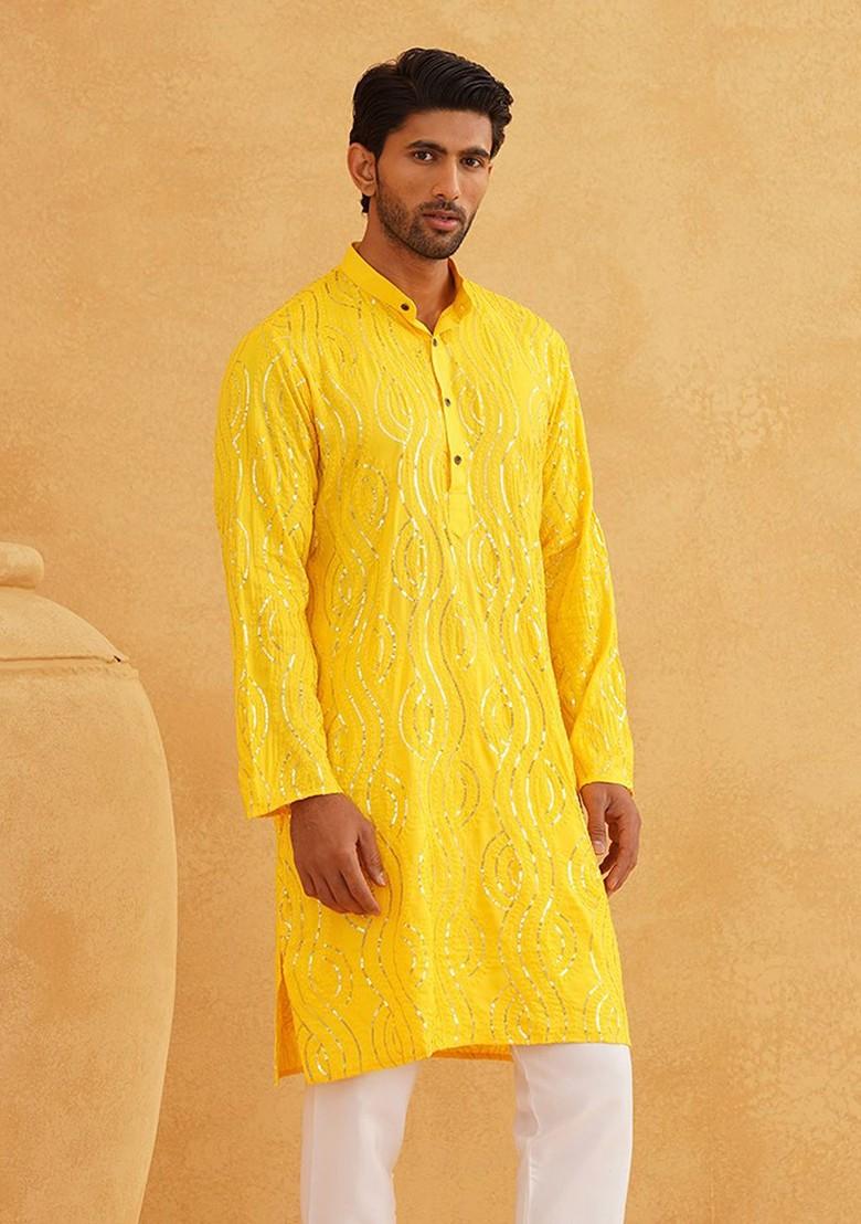 Mustard Thread Work Poly Blend Kurta For Men