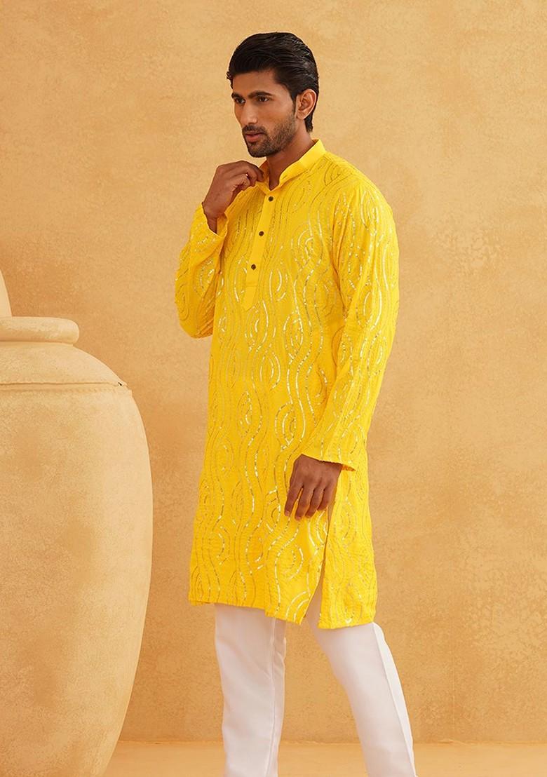 Mustard Thread Work Poly Blend Kurta For Men