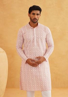 Pink Thread Work Poly Blend Kurta For Men